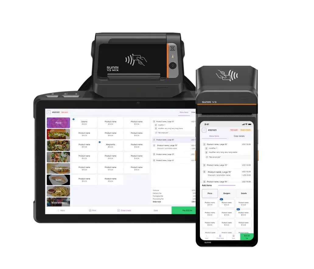 Sunmi V3 Mix and V3H mobile POS devices for restaurant waiter service