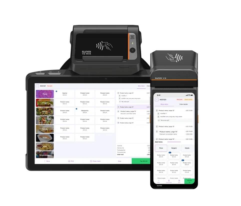Staff member using a mobile POS device to take orders and manage sales at a food truck