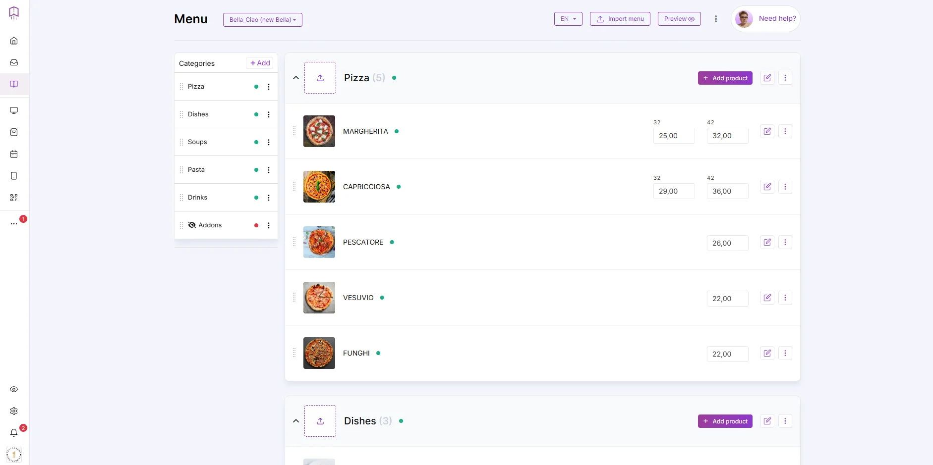 creating a restaurant digital menu in an online ordering system
