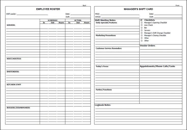 Restaurant manager log book example