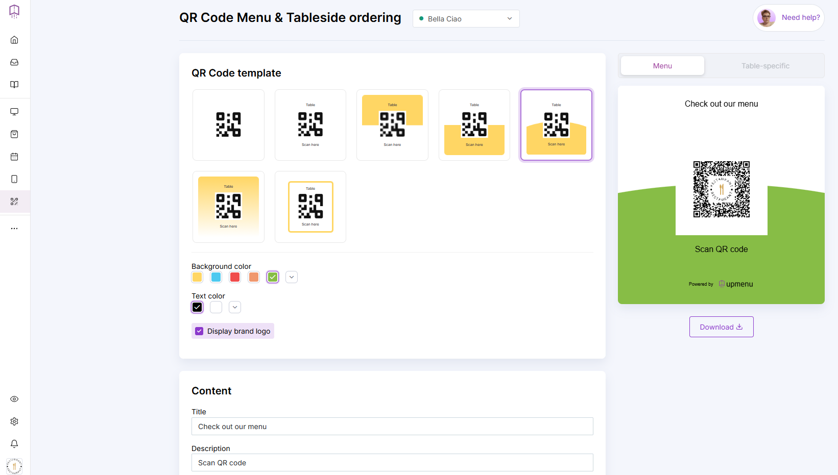 creating QR code in online ordering system for restaurants