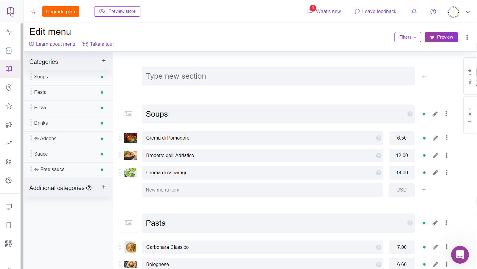 fast food management - menu management in upmenu