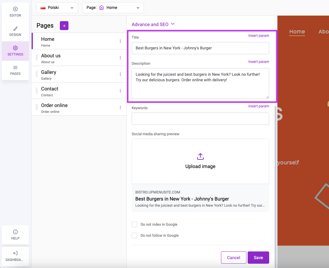 Restaurant SEO - Adding meta title and description in UpMenu website builder
