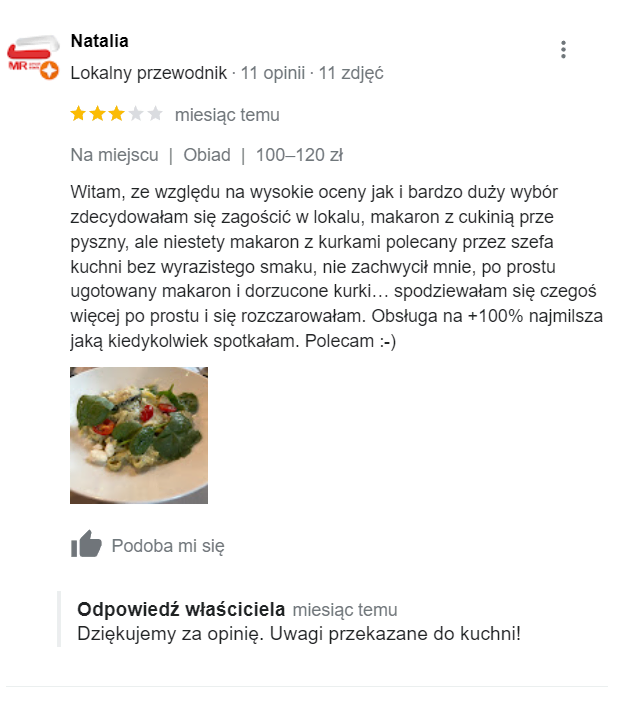 marketing restauracji - opinia w google