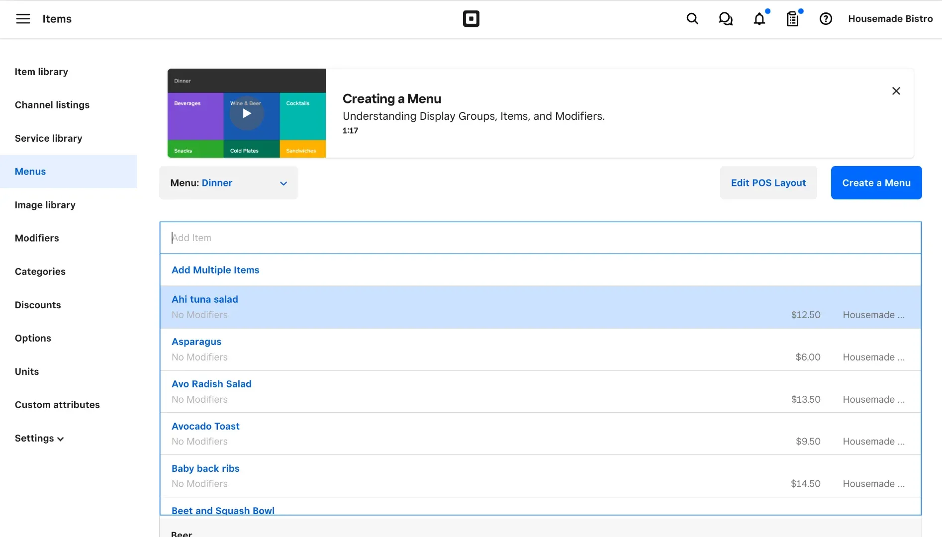 Square POS dashboard and reporting view