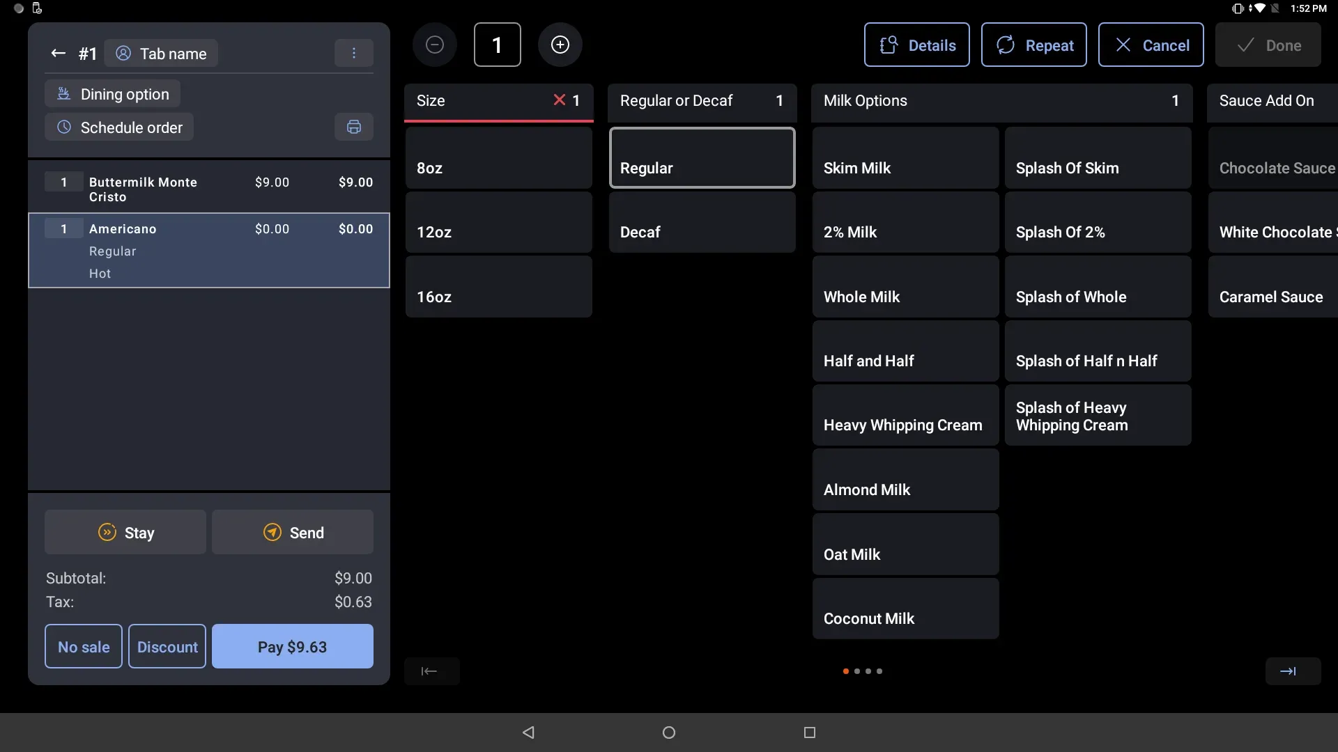 Toast POS order-management view with menu categories and tickets