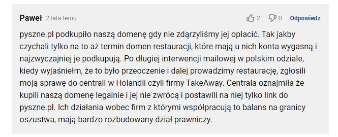 pyszne pl opinie - przykladowa opinia restauratora o pysznepl