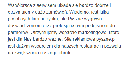 pyszne pl opinie - przykladowa opinia restauratora o pysznepl