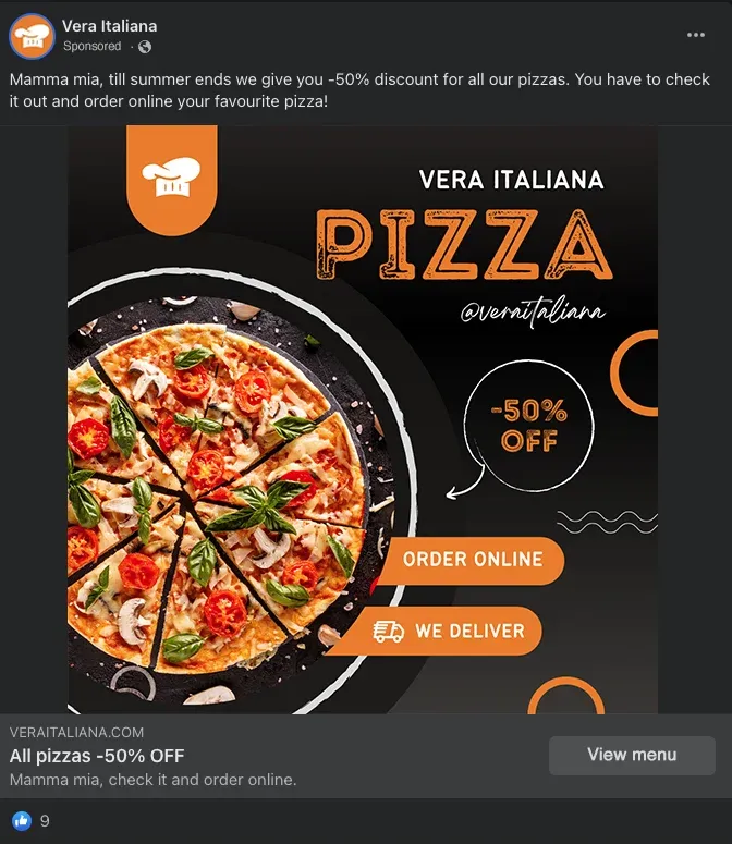 Facebook ads for restaurants - Facebook Photo Ad example
