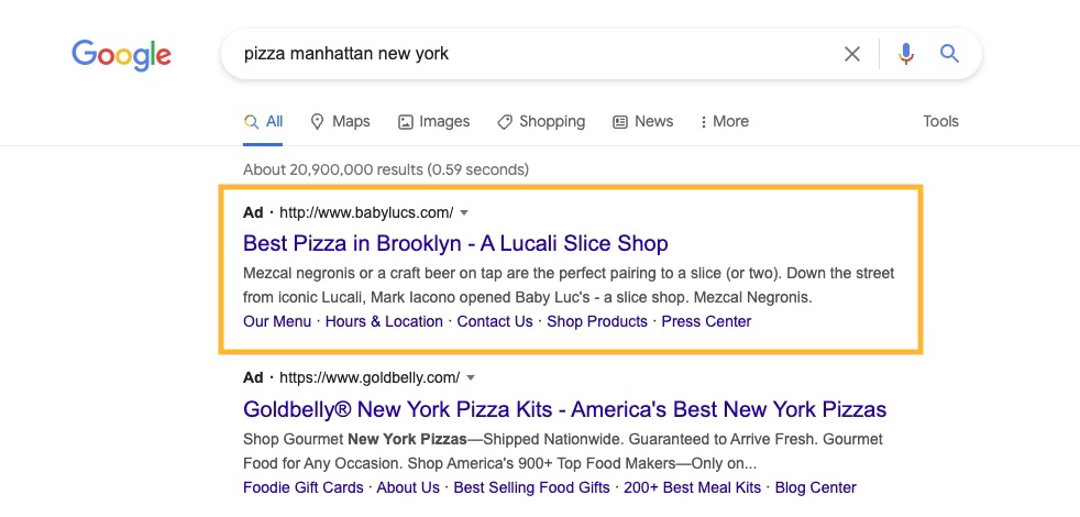 Google ads for restaurants - Google search ad format
