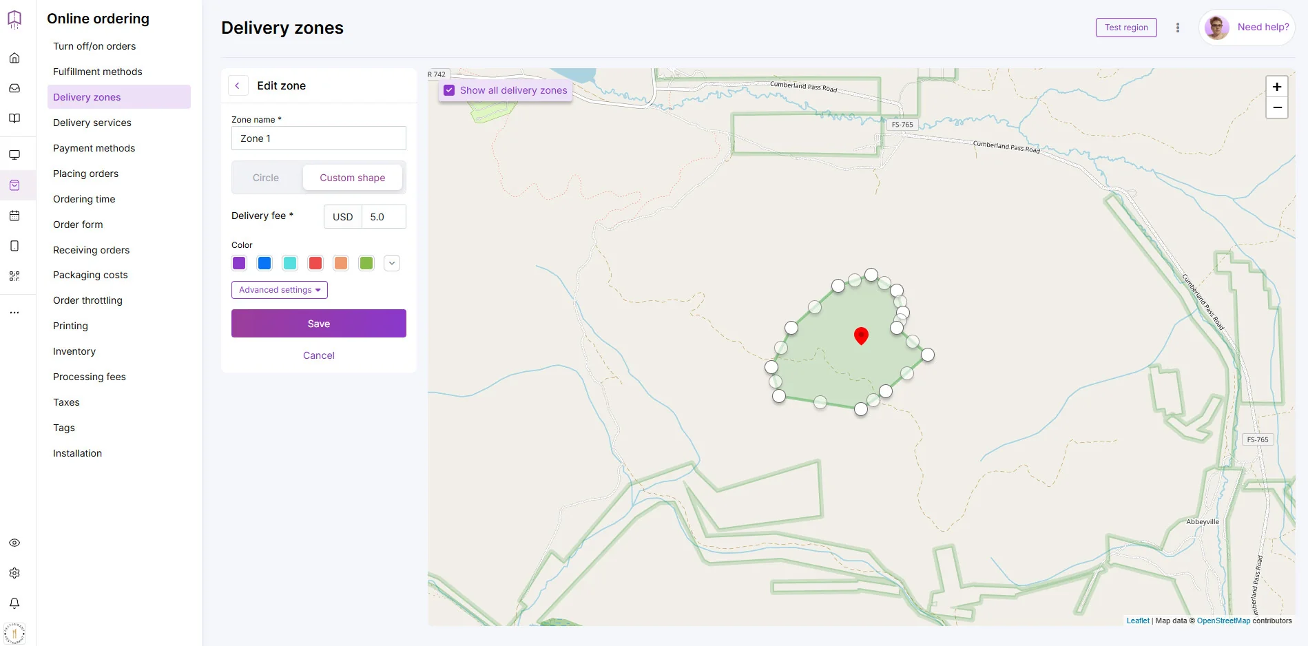 adding delivery zones in an online ordering system