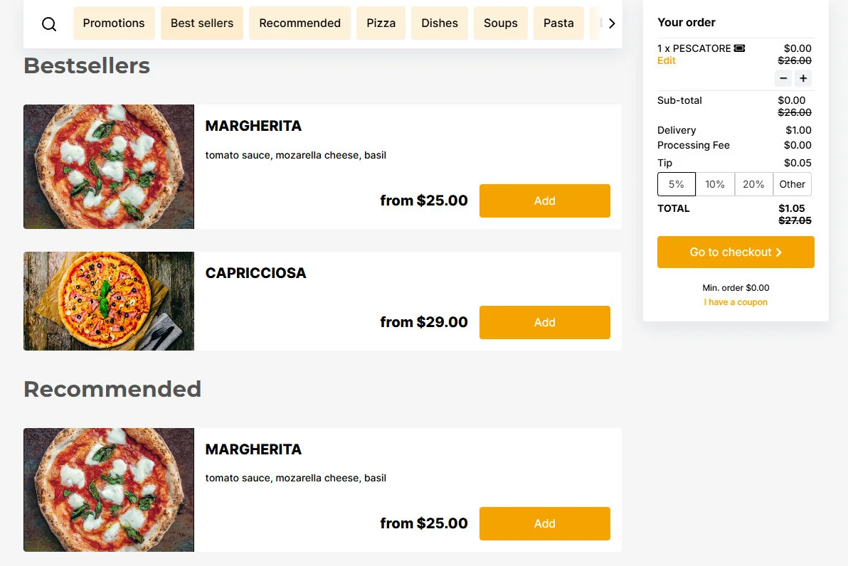 menu categories using upselling recommendations