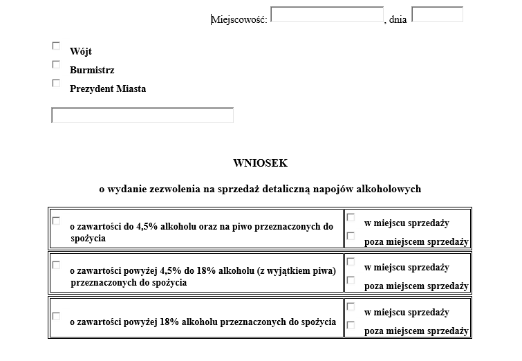 koncesja na alkohol - wzor wniosku
