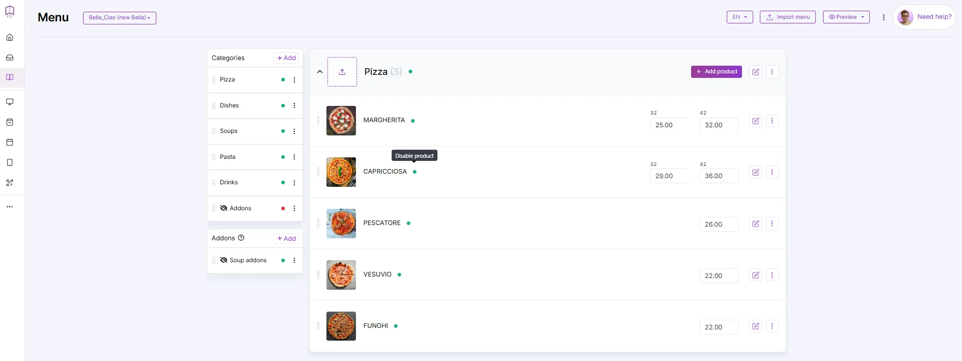 menu categories hiding menu items from menu