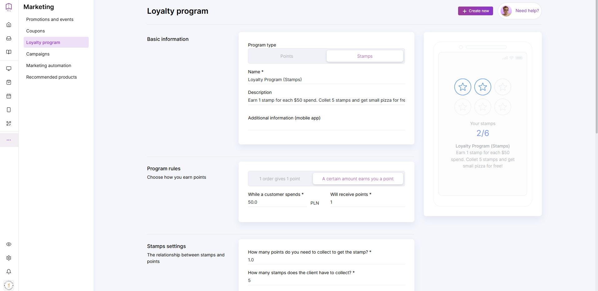 setting up a loyalty program for a restaurant in an online ordering system