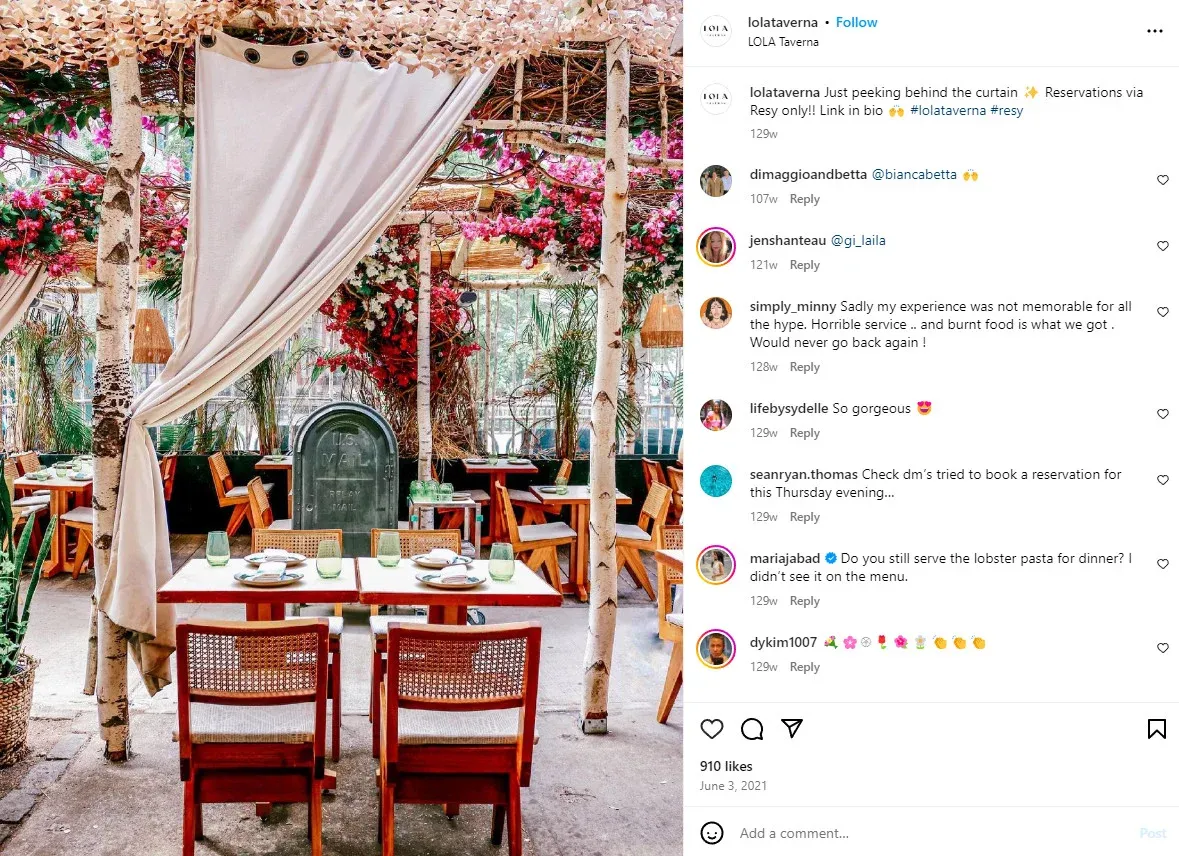 instagram for restaurants - lola taverna
