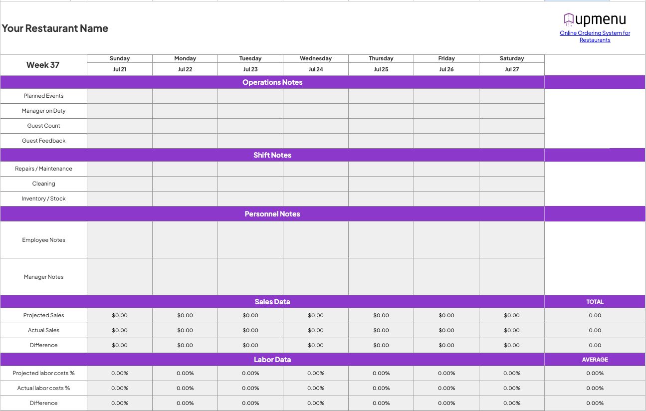 Restaurant manager log book template