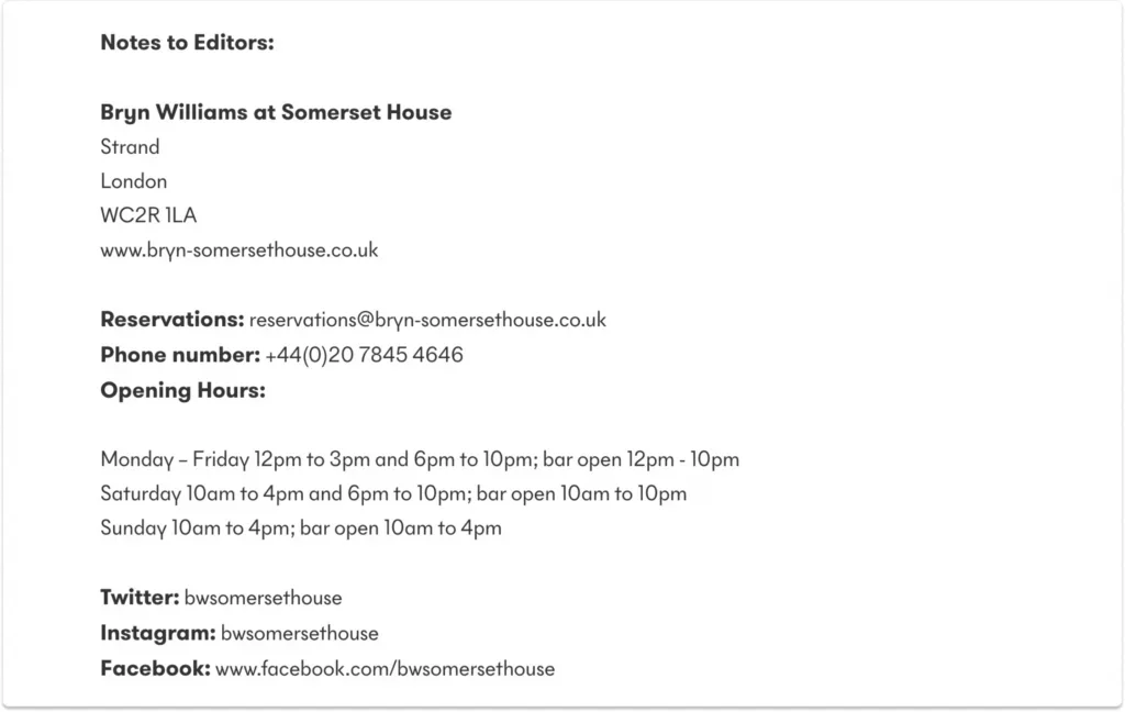 restaurant press release an example of contact information of a press release
