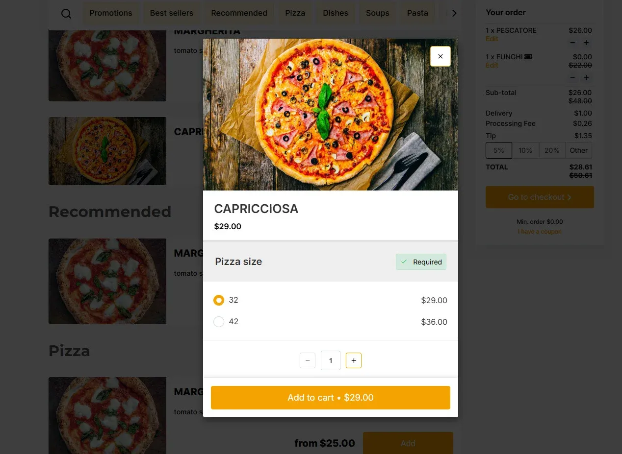 ALT: how to make a menu using modifiers for customization like choosing size of the pizza