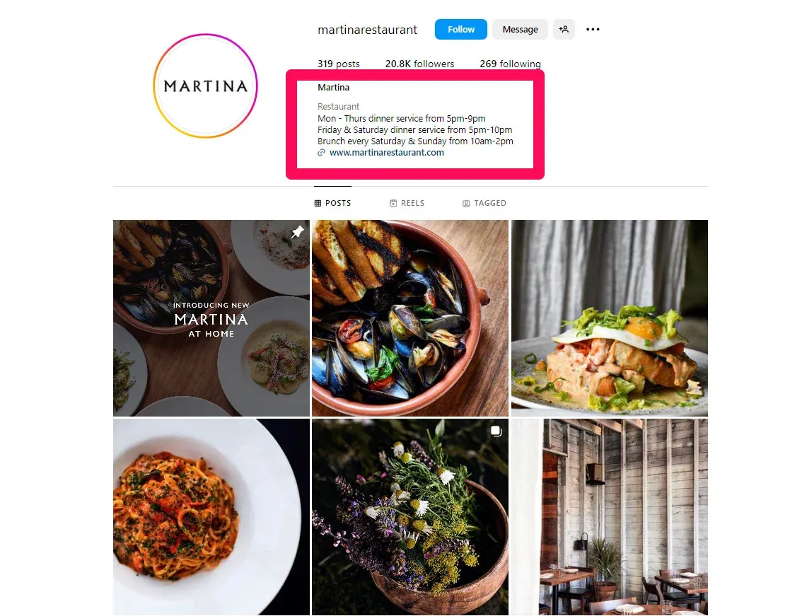 instagram for restaurants - restaurant instagram bio