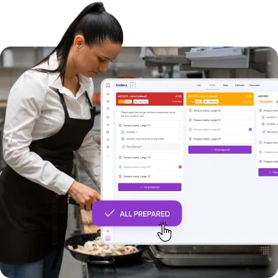 UpMenu kitchen display system (KDS) screen showing incoming kitchen orders