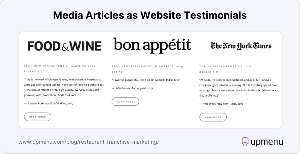 Example of media articles used on restaurant website as testimonials