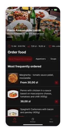 Pizzeria Presto app screen