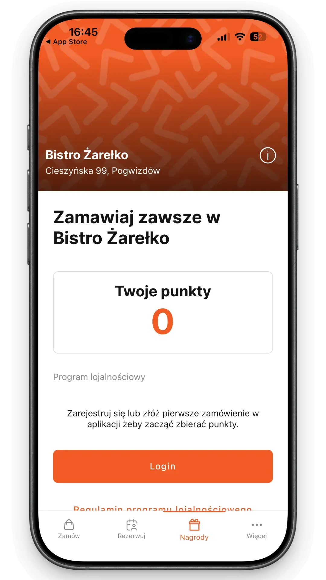 Bistro Żarełko - aplikacja mobilna, ekran 2