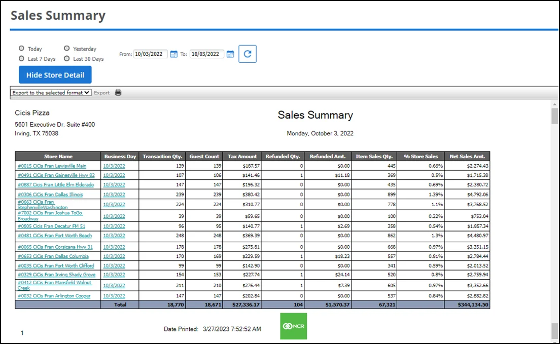 Aloha Cloud (NCR Voyix) POS system screenshot