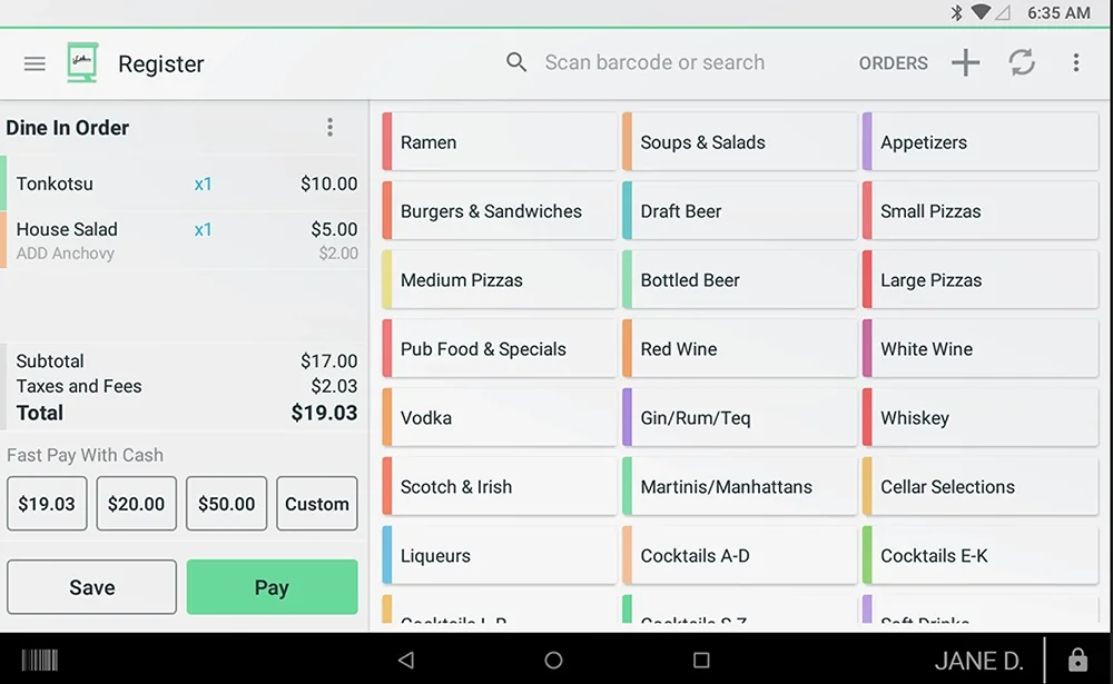 Clover POS system screenshot