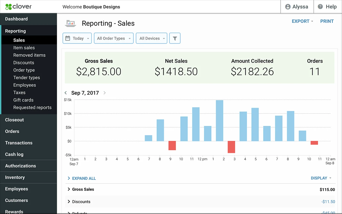 Clover POS system screenshot