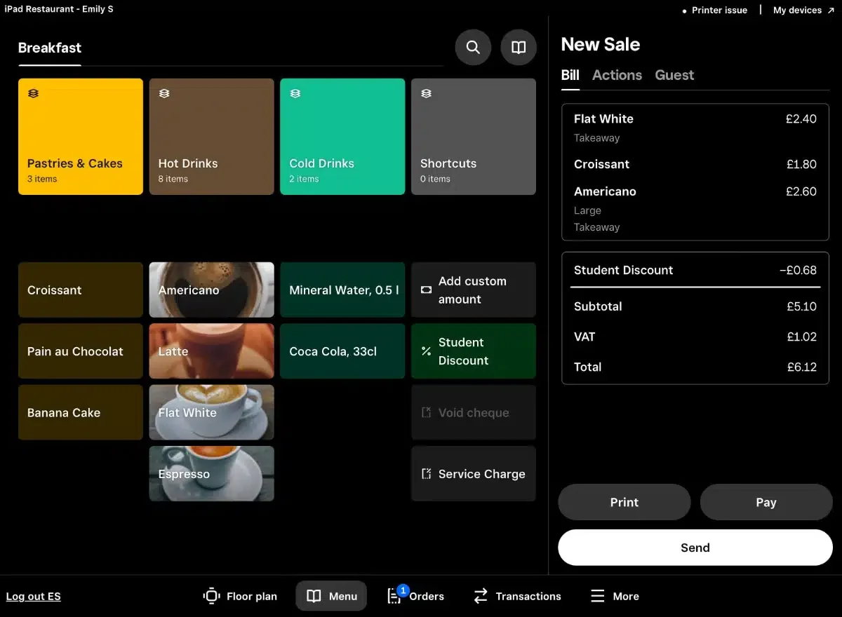 Square for Restaurants POS system screenshot