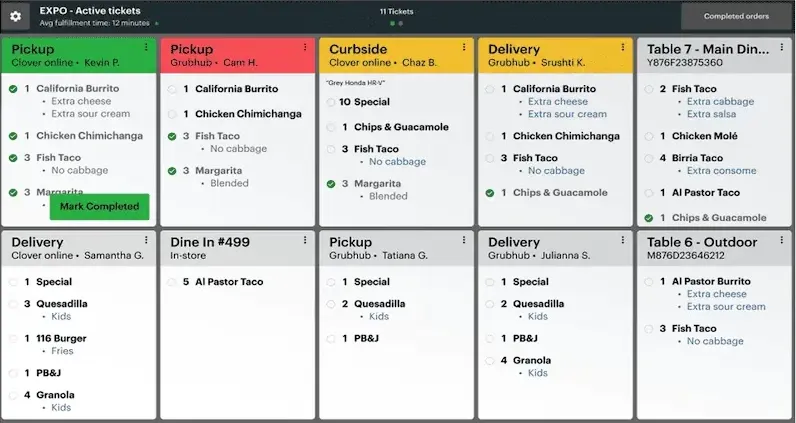 Clover POS order-management view with menu categories and tickets
