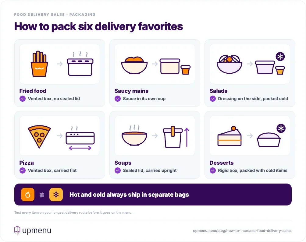 Packaging guide for six delivery dishes: fried food goes in a vented box without a sealed lid, saucy mains get the sauce in its own cup, salads ship with dressing on the side and packed cold, pizza goes in a vented box carried flat, soups need a sealed lid and stay upright, and desserts go in a rigid box packed with cold items; hot and cold items always ship in separate bags