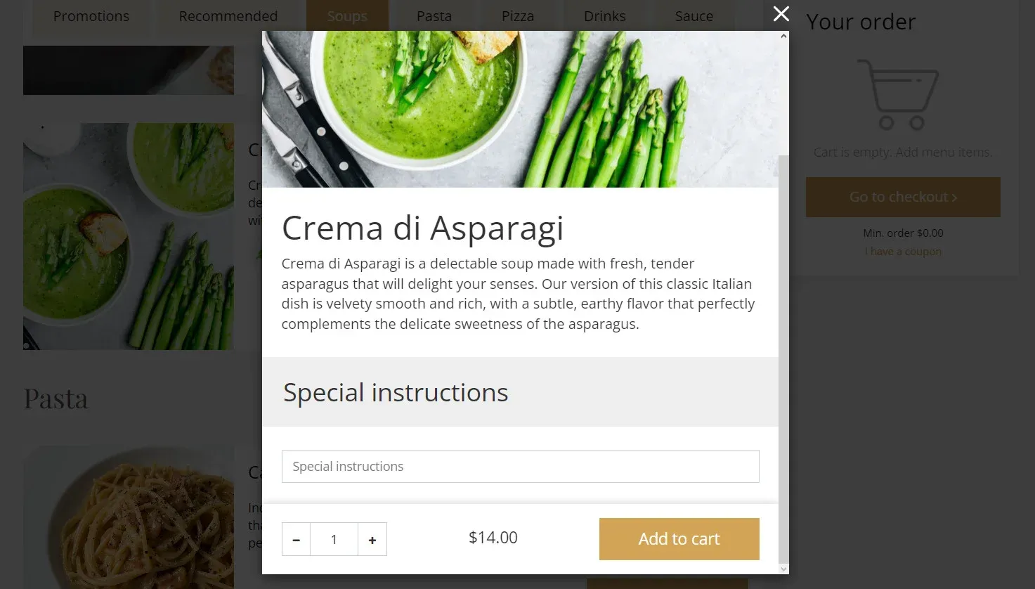 An example of an ordering instruction section in UpMenu