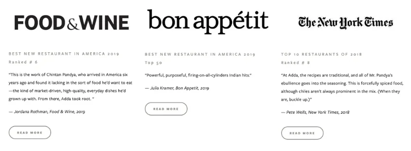 Restaurant website press section using media articles as testimonials with the outlet, the dated accolade and a named journalist quote