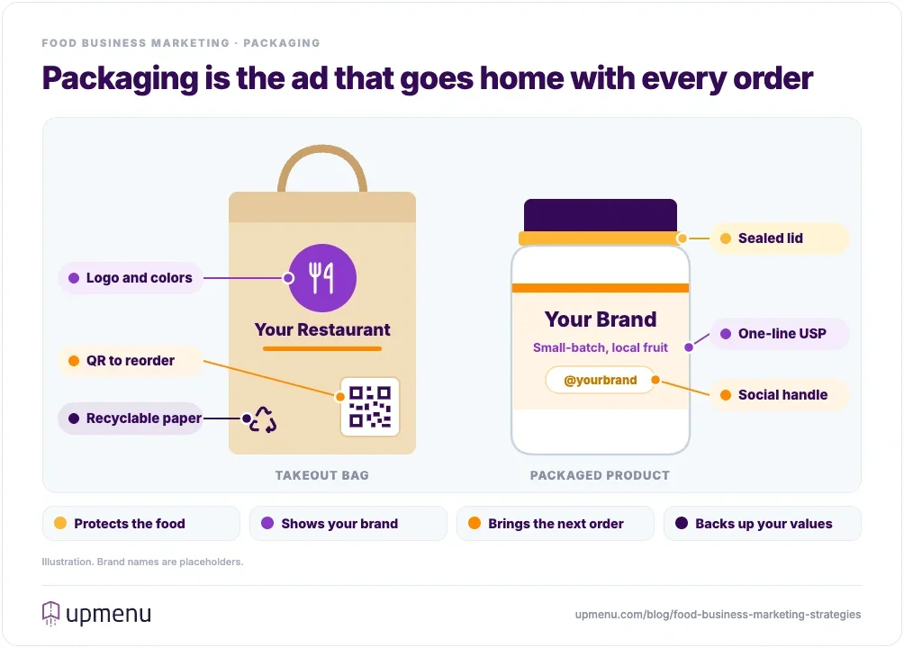Illustration of a takeout bag and a packaged food jar showing how packaging markets a food business: a tamper-evident seal protects the food, the logo, colors and a one-line USP show the brand, a QR code and social handle point to the next order, and recyclable paper backs up the brand's values