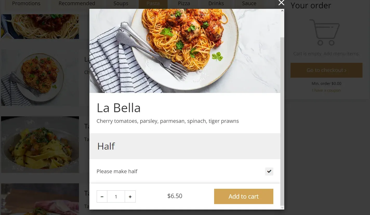 An example of a half order in UpMenu