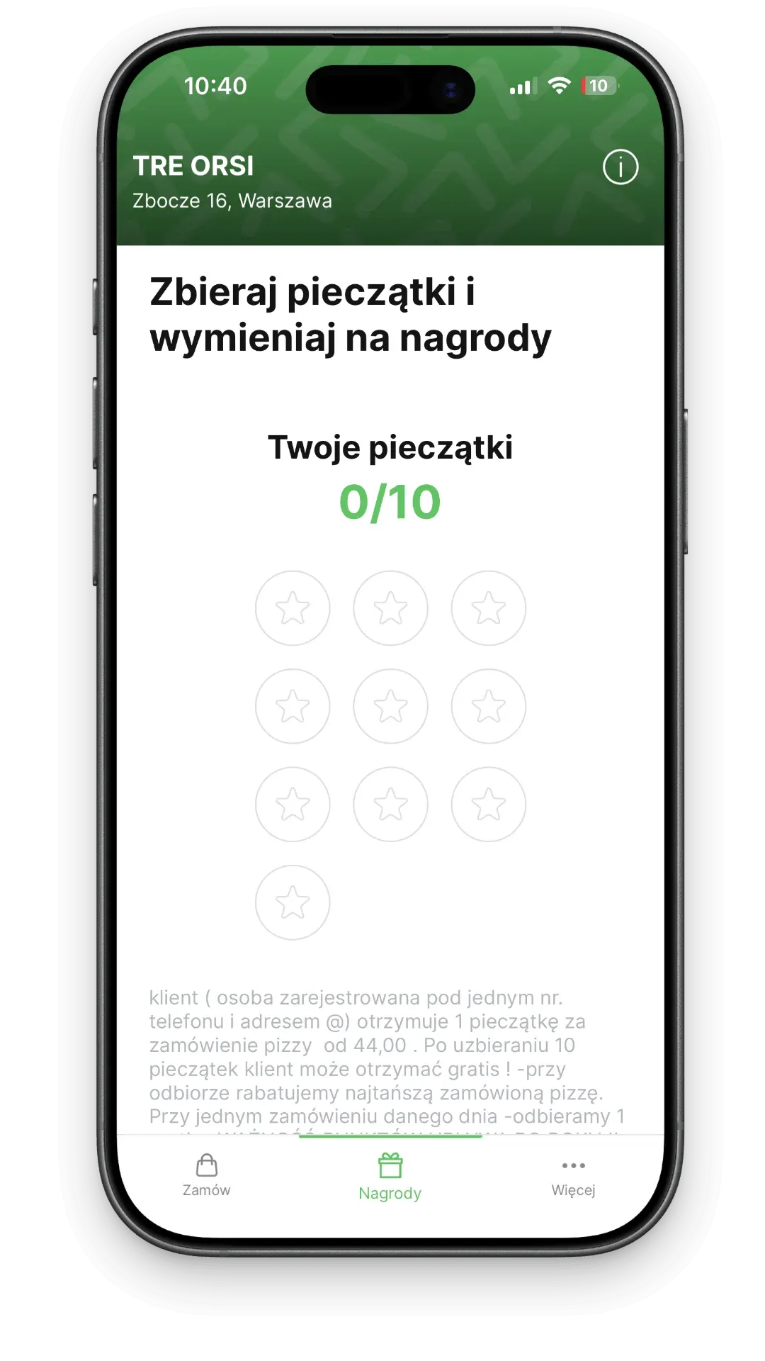 Program lojalnościowy UpMenu — ekran nagród