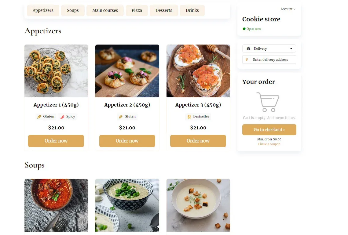 An example of menu categories on an online menu