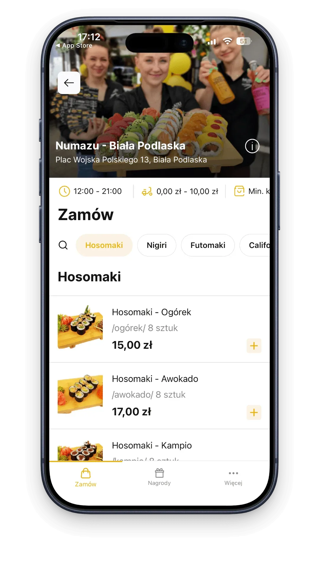Numazu Sushi - aplikacja mobilna, ekran zamówienia