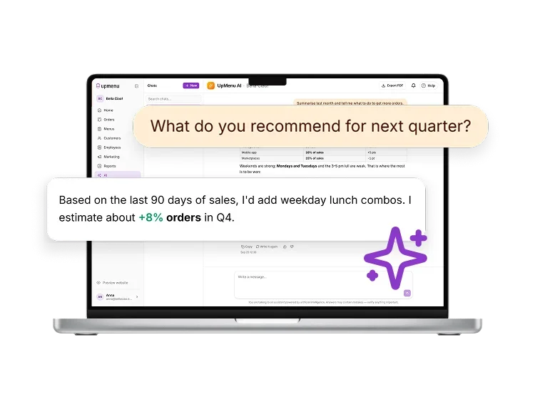 UpMenu AI assistant on a laptop recommending weekday lunch combos