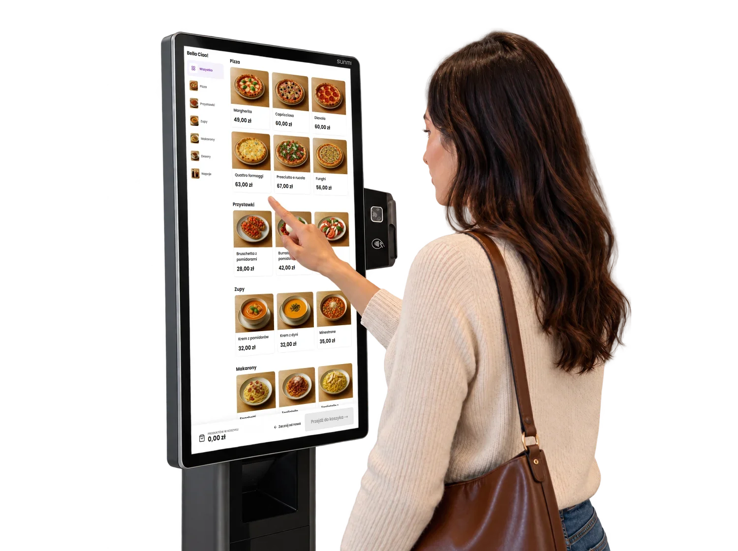 Customer browsing the menu and ordering on a self-service kiosk touchscreen