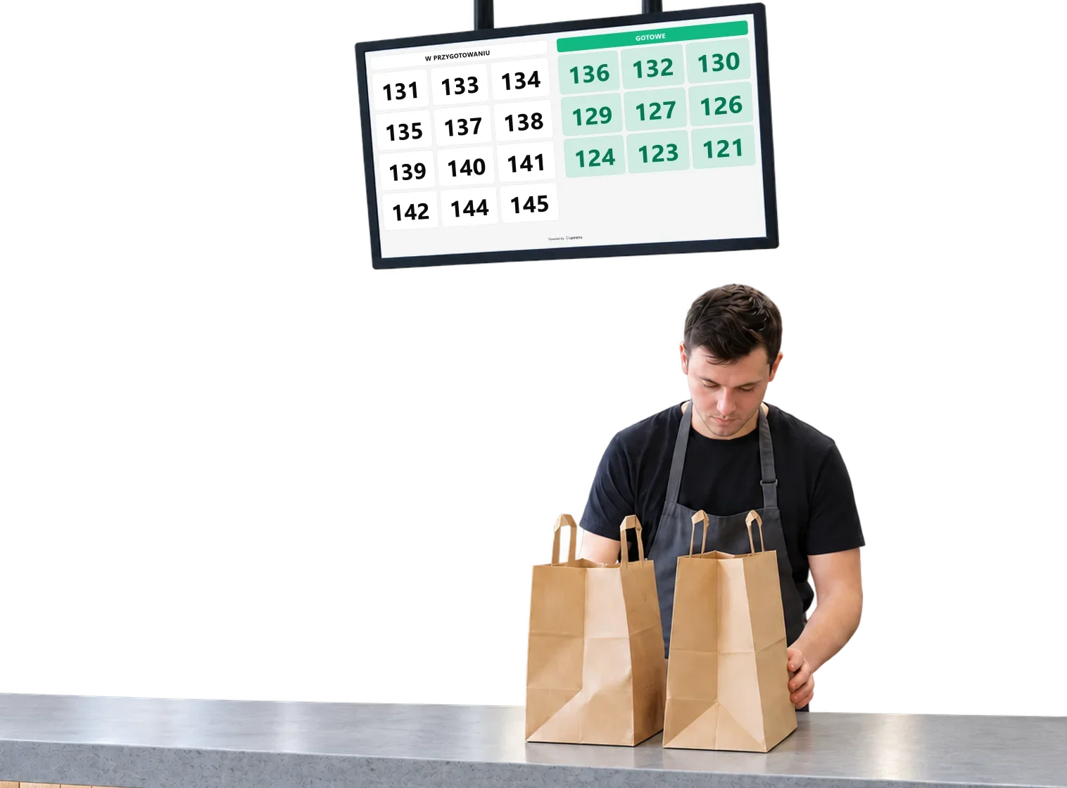 Order status display above a pickup counter showing orders in preparation and ready for pickup
