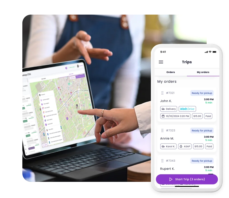 Panel dyspozytorni UpMenu z mapą dostaw na laptopie i aplikacja kierowcy na telefonie