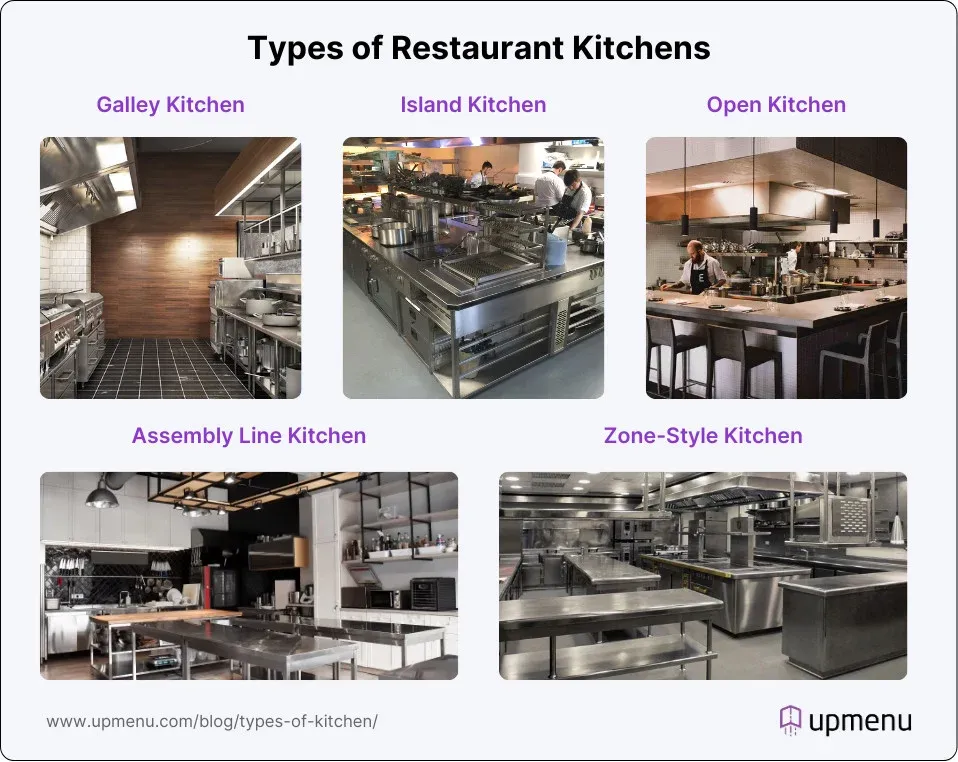 Infographic showing 5 most common types of restaurant kitchens