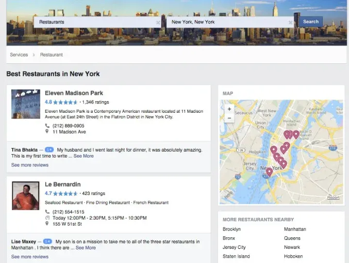 restaurant review examples on Facebook