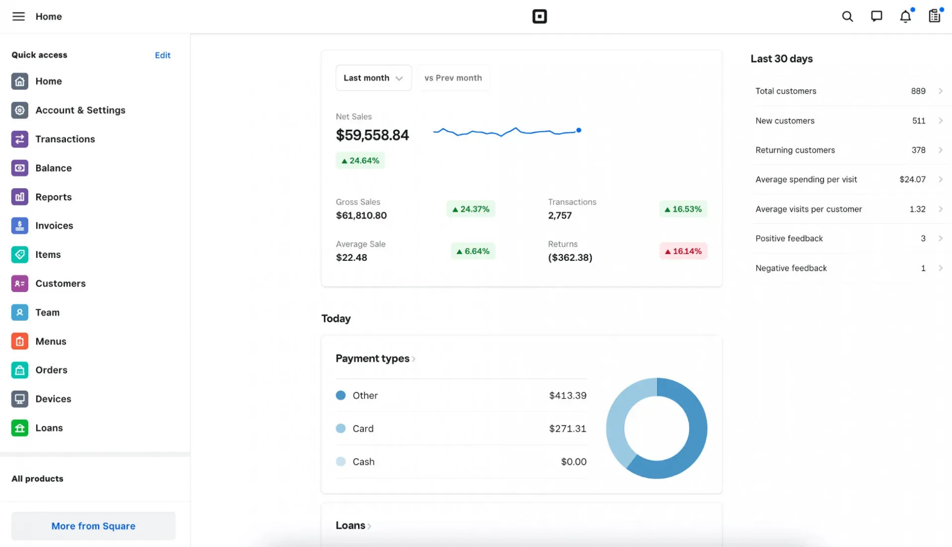 Square POS order and payment screen during checkout