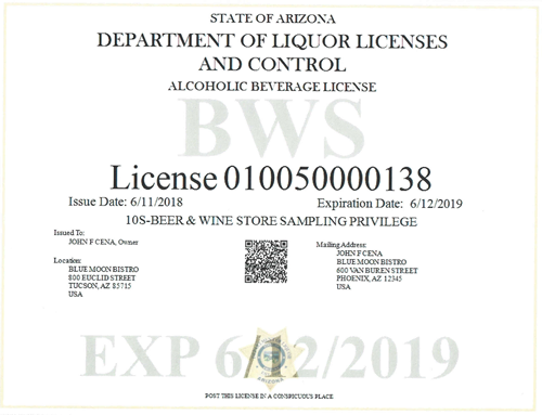 An example of a restaurant license required when starting a restaurant