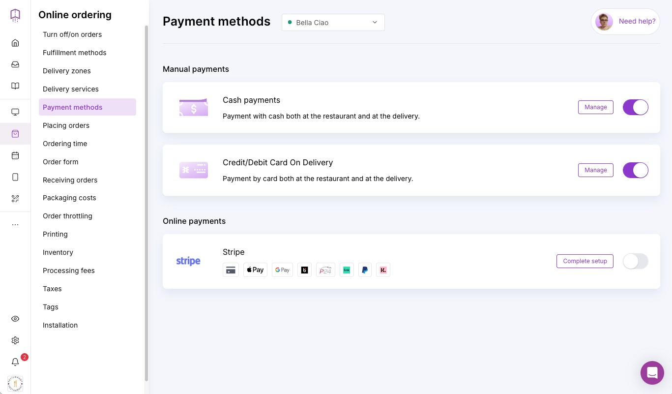 Setting up payments in UpMenu dashboard